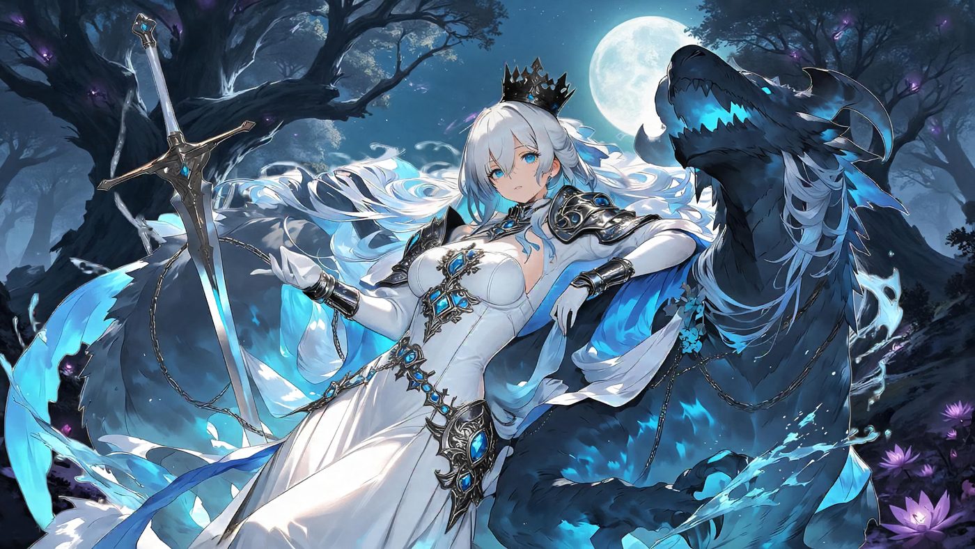 A white-haired queen with a greatsword beside a spectral wolf under a full moon
